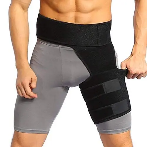 Produktbild: Oberschenkelbandage kompression Hüft oberschenkel bandage, Verstellbare Hüft-/Leistenstütze mit klettverschluss für Oberschenkel Schmerzlinderung Prävention von Muskelzerrungen (Schwarz)