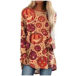 Produktbild: Oberteil Für Damen Rundhals Lässige Dünnes Pullover Weich Lange Ärmel Mehrfarbi Pullover Damenen Halloween Long Prom Gemütlich Ingwer