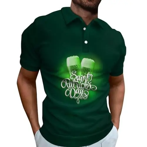 Produktbild: Oberteil Herren Übergröße mit Knopfleiste Luftiges Bluse mit Reverskragen St. Patrick's Day Klassisch T Shirt Herren Kurzarm Bequemer mit Print Party Armeegrün