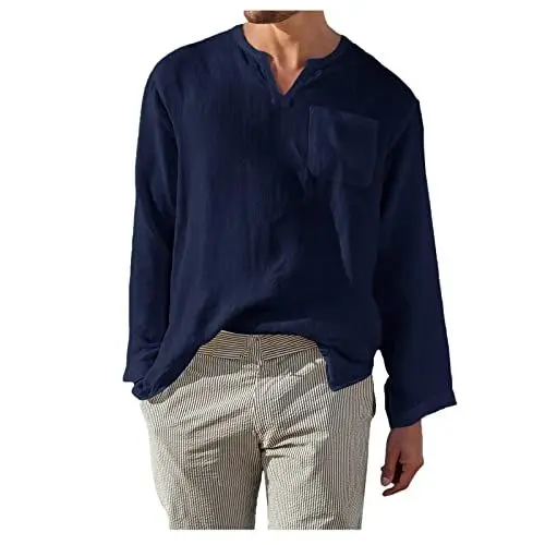 Produktbild: Oberteil Männer Tunic Langärmelige Blusentop Polyester Work Moderne Sommer Solid Weic Hemden Herrenen mit Druckknöpfen V Ausschnitt Bequemer Marine