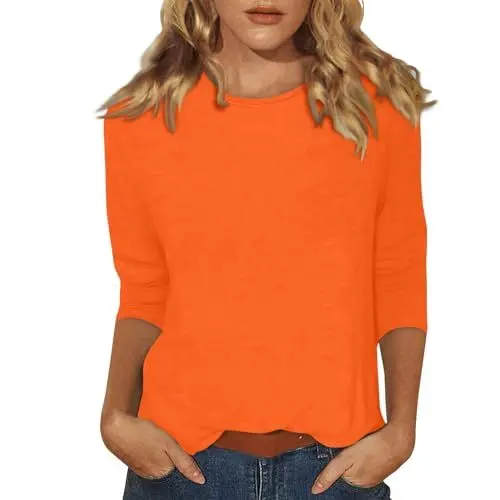 Produktbild: Damen 3/4 Ärmel Blusen T-Shirt Mit Allover-Minimal Print - Lose Stretch Casual Oberteil Basic Tops Tshirt XXL