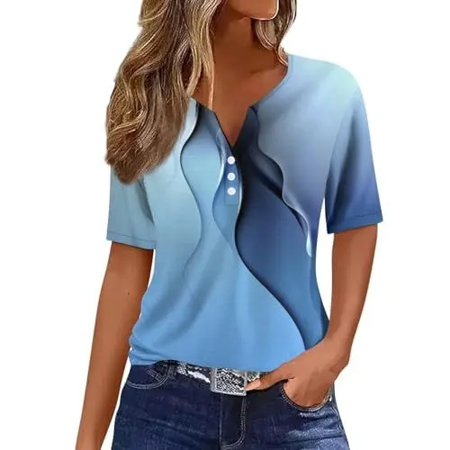 Produktbild: Oberteile Damen Basic Shirt Kurzarm Mode Damen Kleidung Sommer Sommer Tshirt Damen V Ausschnitt Tunika Damen Sommer Top Damen Sommer Fahrrad Shirt Damen Kapuzenshirt(Sky Blue,XXL)