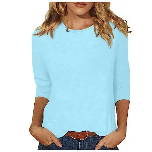 Produktbild: Generisch Shirt Damen 3/4 Arm Tshirt Maedchen 3/4 Ärmel Sommer Baumwolle Tshirts Einfarbig Bohemian Tailliert Oberteil Damen Gummizug Strands übergröße Himmelblau