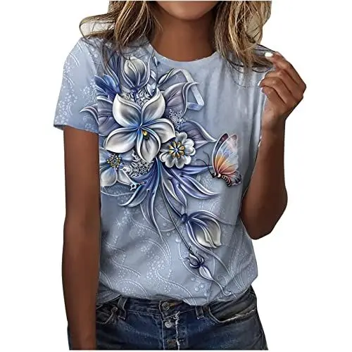 Produktbild: Oberteile Damen Sommer Basic Shirt Kurzarm Mode Damen Shirts Sommer Baumwolle Dirndlbluse Hochgeschlossen Tshirt Damen Damen Sommer Shirt Rosa Lange Oberteile Für Leggings(Blue,L)