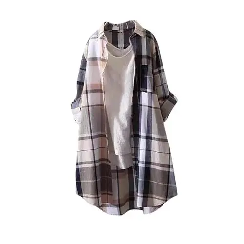 Produktbild: Oberteile Damen Sommer Elegant,Leinen Tunika Damen Weiß Bluse Weiß Damen Langarm Baumwolle Karierte Bluse Damen Lang - Leinenhemd Damen Knopfleiste Hemd Casual Lose Herbst Leinenbluse Longbl