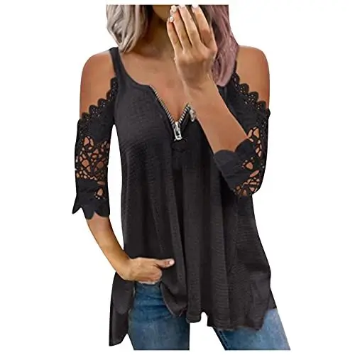 Produktbild: Oberteile Damen Sommer Sexy Longshirt V-Ausschnitt T-Shirt Mit Reißverschluss Schulterfrei Bluse Schicke Oberteile Kurzarm Blusenshirt Casual Sommershirts Lose Tunika Elegante T-Shirts Longtops