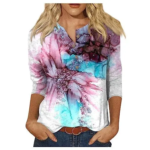 Produktbild: Oberteile Damene mit Druckknöpfen T-Shirt Luftige T-Shirt for Female 3/4 Ärmel Lässiger Tunikas Dünne Rundhalsausschnitt Frühling Print Weite Urlaub