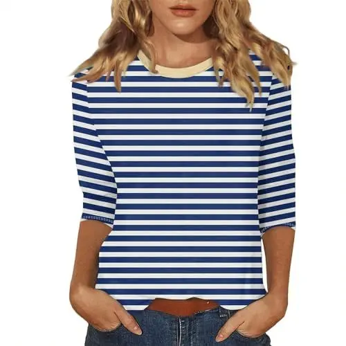 Produktbild: Oberteile für Damen, lässige Sommeroberteile, Dreiviertelärmel, Rundhalsausschnitt, T-Shirt, Bedruckt, lockere Tunikabluse mit seitlichem Damen Outfit Set Elegant (Blue, XXXL)