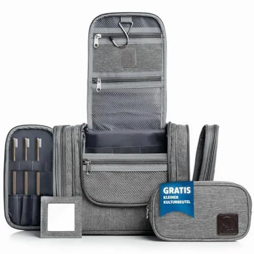 Produktbild: Obics Kulturbeutel Herren & Damen Gross grau 8L XL - Kulturtasche zum Aufhängen & mit Spiegel - Toiletten-Tasche mit Henkel hängend - Kosmetik-Beutel groß - Waschtasche 10 Fächer für Camping Reisen