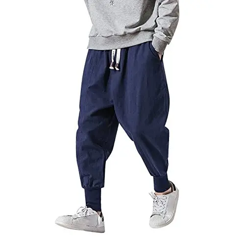 Produktbild: OBiQuzz Herren Buggy Hose Elastische Taillenhose Cotton-Leinen lässige Herrenhose Drop-Schritt solide Joggers-Herrenhose Bouldern Hose Herren (Navy, XXXL)