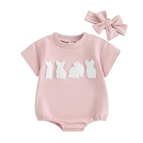 Produktbild: OBiQuzz Neugeborenes Baby Mädchen Outfit Hase Strampler Kurzarm Body Stirnband Säugling Meine ersten Kleidungsstücke Body Langarm 92 (Pink, 6-12 Months)