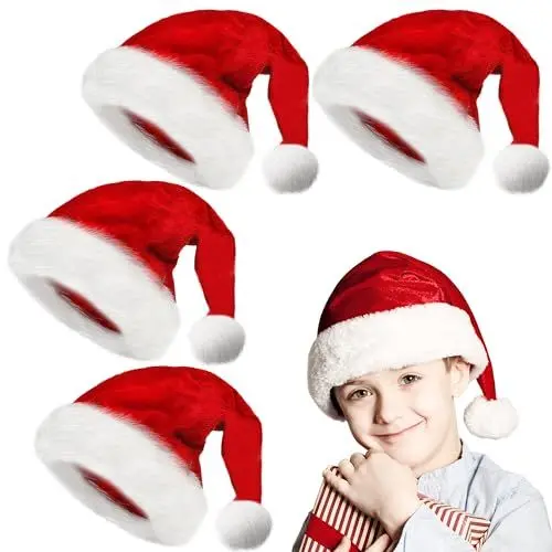 Produktbild: obqo 4 Stück Weihnachtsmütze Kinder - Flauschige Plüsch Nikolausmütze für Mädchen Jungen Extra dicker Samt Nikolaus Weihnachten Weihnachtsmann Mütze für Teenager Weihnachtsfeier Weihnachtszubehör