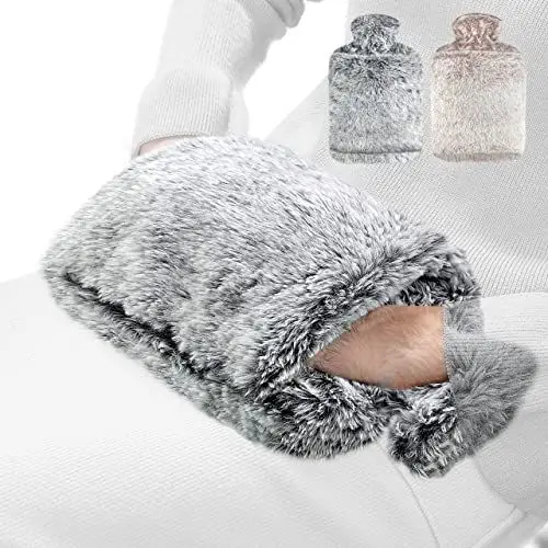 Produktbild: obqo Wärmflasche mit Weichem Bezug | 2,0 Liter Groß Wärmflaschen Flauschig Naturkautschuk Auslaufsicher Taschendesign Handwärmer Bettflasche Wärmeflasche Geschenk für Kinder Erwachsene (Grau)