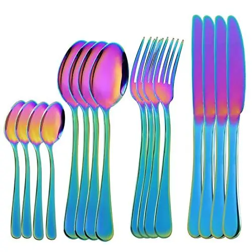 Produktbild: OBR KING 16-teilig Besteck Set Edelstahl Cutlery Inklusive Löffel Messer und Gabeln Besteckset Service für 4, Regenbogen