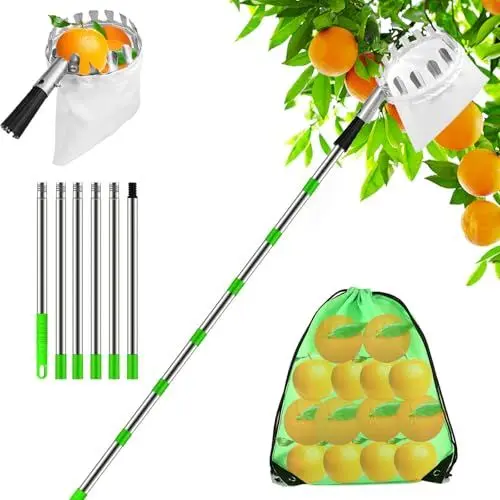 Produktbild: Obstpflücker Ø16cm, 2.6M Apfelpflücker, Kirschenpflücker mit Teleskopstiel & Baumwollbeutel, Pflückhilfe Pflaumenpflücker, Obstgreifer Obstsammler für das Pflücken von Früchten von hohen Plätzen