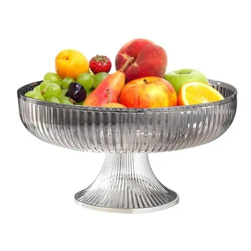 Produktbild: Obstschale mit Sockel, Transparente Obstschale mit Sockel, Präsentationsschalen für Obstdesserts, Elegantes Obsttablett Zum Servieren, Dekorativer Obstteller aus Kunststoff für Den(Silber grau)