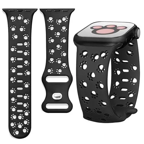 Produktbild: Ocaer Kompatibel mit Apple Watch 49mm 46mm 45mm 44mm 42mm, Weiches Silikon iWatch Armband für Apple Watch Ultra 2/1 Series 10 9 8 7 6 5 4 3 2 1 SE, Katze Hund Pfote Sport Band Damen（Schwarz）