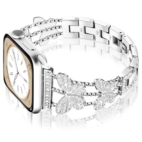 Produktbild: Ocaer Kompatibel mit Apple Watch Armband Ultra 49mm 45mm 44mm 42mm, Glitzer Strass Metall iWatch Armband für Apple Watch Ultra 2 Series 9 8 7 6 5 4 3 2 1 SE,Bling Schmuck für Damen Fraue (Silber)