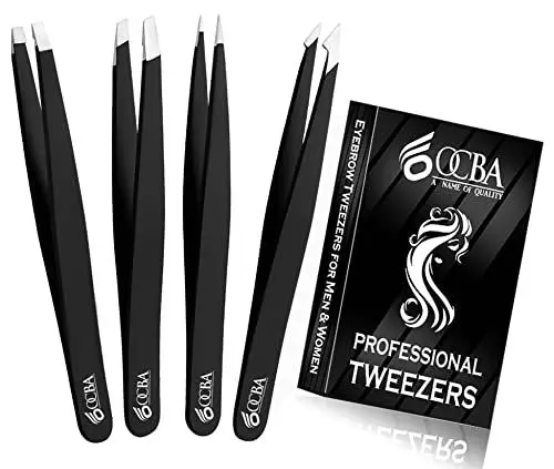 Produktbild: OCBA Pinzette für Gesichtshaar, Damen und Herren, für präzise Pflege der Augenbrauen, professionelle Augenbrauen-Pinzette aus Edelstahl, schwarz beschichtet (4 Stück Schwarz)