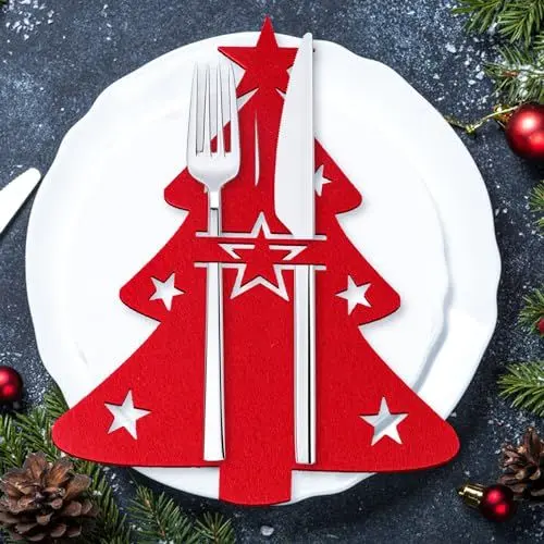 Produktbild: OCCOUMR 12 Stück Besteckhalter Weihnachten Filz, Tannenbaum Besteckbeutel, Weinachts Messer Gabeln Löffel Geschirr Besteck Taschen, Weihnachtsbaum Tischdeko Rot, für Weihnachten Deko