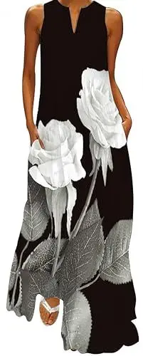 Produktbild: Ocean Plus Damen Ärmelloser Langer Rock V-Ausschnitt Bedrucktes Blumenkleid Ärmelloses Maxikleid mit V-Ausschnitt (3XL, Weiße Rosen)