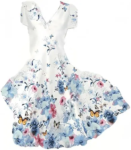 Produktbild: Ocean Plus Damen Casual Kurzärmeliges Kleid mit V-Ausschnitt und Großem Saum Blumen Knielang Bedruckter Rock (S, Schmetterlinge in Tuschemalerei)