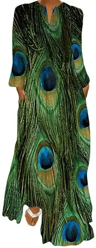 Produktbild: Ocean Plus Damen Frühlings- und Sommerkleid mit Langem Rock V-Ausschnitt Langen Ärmeln mit Taschen und Lockerem Blumendruck (S, Pfau)