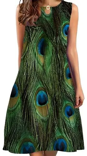 Produktbild: Ocean Plus Damen Sommer Druck Midirock Rundhalsausschnitt Langes Lässiges Ärmelloses Kleid (S, Pfau)