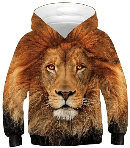 Produktbild: Ocean Plus Jungen Kapuzenpullover Bunt Teens Hoodie Kinder Langarm Pulli mit Kapuzen Sweatshirt Pullover (L (Körpergröße: 145-150cm), Löwe mit schwarzen Lochaugen)