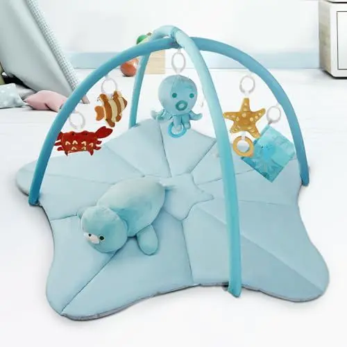 Produktbild: Ocean Spielbogen Baby, Größere Spielmatte & Krabbelmatte Baby mit Kissen, Spiegel und 5 Sinnesspielzeugen, Aktivitätsmatte für Babys von 0–18 Monaten