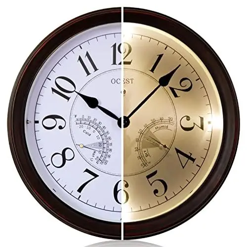 Produktbild: OCEST 35.6cm Leuchtende Gartenuhr Outdoor Uhren, groß wanduhr, wasserdicht, Thermometer & Hygrometer, für den Innen- und Außenbereich, batteriebetrieben, 14 Zoll