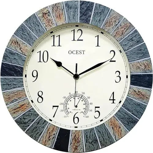 Produktbild: OCEST Gartenuhr Wetterfest, 33 cm Große Wanduhr wasserdichte Outdoor Wanduhr mit Thermometer, wetterfest, Nicht tickend, batteriebetrieben, gartendeko für draußen