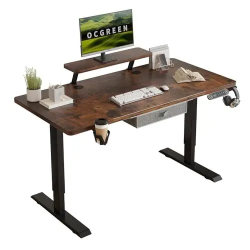 Produktbild: OCGREEN Elektrisch höhenverstellbarer Stehpult, Splice Board Home Office Computer Stehtisch Ergonomischer Schreibtisch mit Monitorablage (Rustikales Braun, 140 * 76CM)