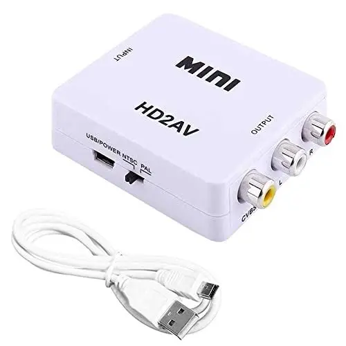 Produktbild: OcioDual HDMI auf VGA, HDMI VGA Adapter, Adattatore HDTV ad AV, Conessione RCA, 1080p PAL/NTSC Video, für PC, n64, TV, Konverter mit Netzkabel, HDMI2AV, Weiß