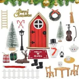Produktbild: OdiuK 29PCS Wichteltür Zubehör Weihnachten Set, Mini Weihnachtswichtel Tür Zubehör Weihnachtsdeko Elfentür, Holz Wichtelhaus mit Gartenmöbel Wichtel Tür Deko für DIY Kinder Geschenke