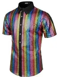 Produktbild: Odizli 70er Jahre Outfit Herren 80er 90er Jahre Hippie Glitzer Pailletten Kurzarm Hemd Glitzerhemd Silvester Party Schlager Mottoparty Disco Festival Karneval Abba Kost�m Faschingskost�me Bunt XL