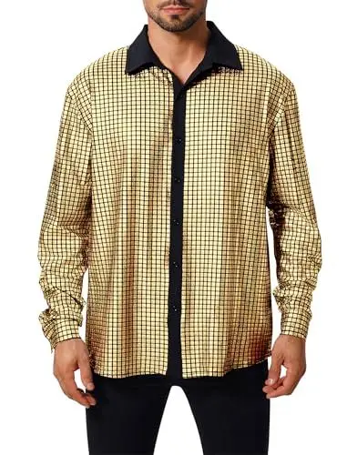 Produktbild: Odizli 70er Jahre Outfit Herren 80er 90er Jahre Hippie Glitzer Pailletten Langarm Hemd Glitzerhemd Silvester Party Schlager Mottoparty Disco Festival Karneval Abba Kost�m Faschingskost�me Gold XL