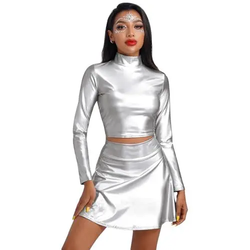 Produktbild: Odizli Alien Kostüm Damen Sexy Metallic Glitzer Langarm Oberteil Crop Top+Faltenrock Mini Skater Rock 80er 90er Jahre Halloween Karneval Party Festival Rave Outfit Faschingskostüme Silber M