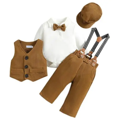 Produktbild: Odizli Baby Anzug Junge Taufanzug Langarm Strampler Body+Hosentr�ger Hose+Weste+Fliege+M�tze 5tlg Bekleidungssets Hochzeit Festlich Babykleidung Taufbekleidung Fotoshooting Khaki 0-6 Monate