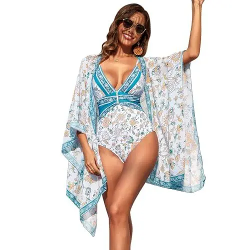 Produktbild: Odizli Badeanzug Damen Bauchweg Elegant Sexy V Ausschnitt Blume Druck Shaping Effekt Swimsuit Push Up Schwimmanzug mit Cups Bademode + Pareo Sarong Tuch Zweiteiler Sommer Strandmode Pfauenblau S