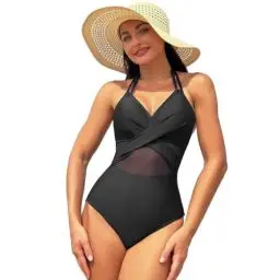 Produktbild: Odizli Badeanzug Damen Bauchweg Sexy Neckholder V Ausschnitt Mesh Shaping Effekt Monokini Swimsuit Große Oberweite Push Up Schwimmanzug mit Cups Bügel Bademode Sommer Strandmode Schwarz-A XXL