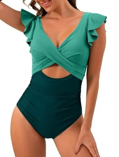 Produktbild: Odizli Badeanzug Damen Bauchweg Sexy R�sche V Ausschnitt Cut Out Shaping Effekt Monokini Swimsuit Gro�e Oberweite Push Up Schwimmanzug mit Cups B�gel Bademode Sommer Strandmode Gr�n Dunkelgr�n XL