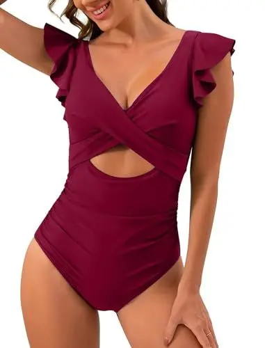 Produktbild: Odizli Badeanzug Damen Bauchweg Sexy R�sche V Ausschnitt Cut Out Shaping Effekt Monokini Swimsuit Gro�e Oberweite Push Up Schwimmanzug mit Cups B�gel Bademode Sommer Strandmode Weinrot XXL