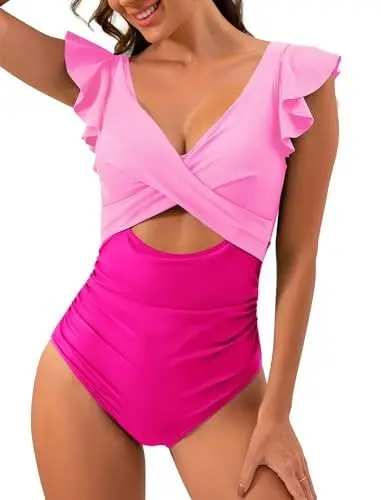 Produktbild: Odizli Badeanzug Damen Bauchweg Sexy R�sche V Ausschnitt Cut Out Shaping Effekt Monokini Swimsuit Gro�e Oberweite Push Up Schwimmanzug mit Cups B�gel Bademode Sommer Strandmode Rosenrot S