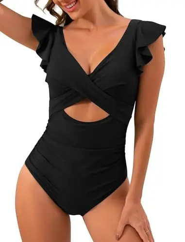 Produktbild: Odizli Badeanzug Damen Bauchweg Sexy Rüsche V Ausschnitt Cut Out Shaping Effekt Monokini Swimsuit Große Oberweite Push Up Schwimmanzug mit Cups Bügel Bademode Sommer Strandmode Schwarz L