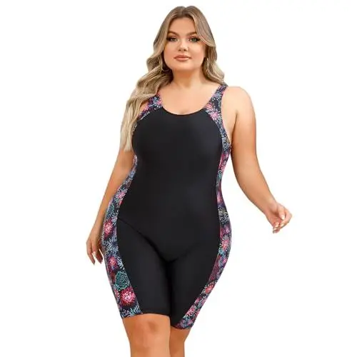 Produktbild: Odizli Badeanzug Damen Große Größe für Mollige Frauen Sport Bauchweg Schwimmanzug mit Bein Kurzarm/Ärmellos Blumen Druck Neopren Kurz Neoprenanzug Rashguard Surfer Bademode Surfanzug Feuerwerk L