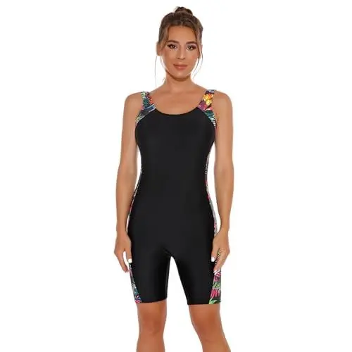 Produktbild: Odizli Badeanzug Damen mit Bein Cups Sport Ärmellos Push Up Bauchweg Schwimmanzug Badeanzüge Frauen Sommer Burkini Rashguard Bademode Neopren Strandmode Women Sun Permeable Swimsuit Schwarz Gelb L
