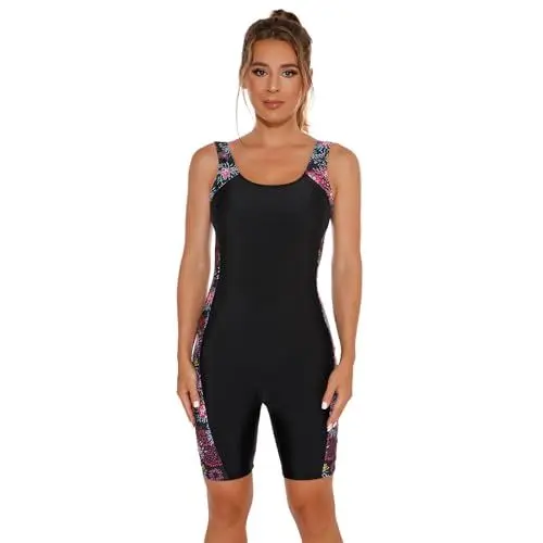 Produktbild: Odizli Badeanzug Damen mit Bein Sport Ärmellos Push Up Bauchweg Schwimmanzug mit Cups Badeanzüge Frauen Sommer Burkini Rashguard Bademode Neopren Strandmode Women Sun Permeable Swimsuit Schwarz Rot L