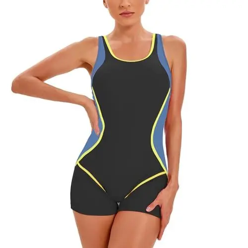 Produktbild: Odizli Badeanzug Damen mit Bein Sport Push Up Bauchweg Schwimmanzug mit Cups Badeanzüge Große Größe Frauen Sommer Rashguard Bademode Einteiler Strandmode Women Sun Permeable Swimsuit Grau Gelb 3XL