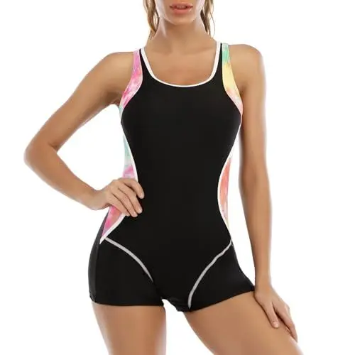 Produktbild: Odizli Badeanzug Damen mit Bein Sport Sexy Push Up Bauchweg Schwimmanzug mit Cups Badeanzüge Große Größe Frauen Sommer Rashguard Bademode Einteiler Strandmode Women Sun Permeable Swimsuit Schwarz M